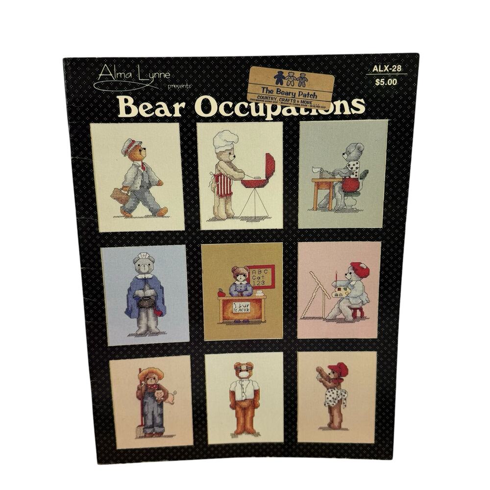 Vintage ALMA LYNNE Bear Occupations Cross Stitch Book  19 Designs 1985 #ALX-28